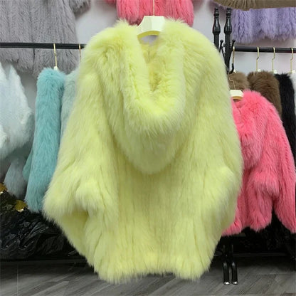 Fox Fur Coat Women's Winter Fashion Warm 100% Fox Fur Coat Hooded Long Sleeved Sweet Women's Luxury Designer Coat
