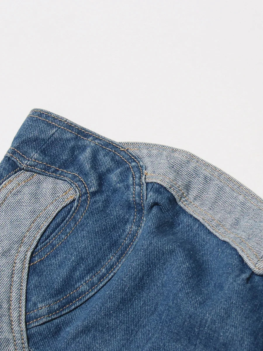 TWOTWINSTYLE Soild Two Piece Sets for Women Straplelss Sleeveless Vest High Wiast Patchwork Hollow Out Jeans Elegant Set Female