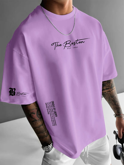 Men's summer 100 cotton fashionable casual sports loose Boston city slogan printed round neck short sleeved T-shirt top