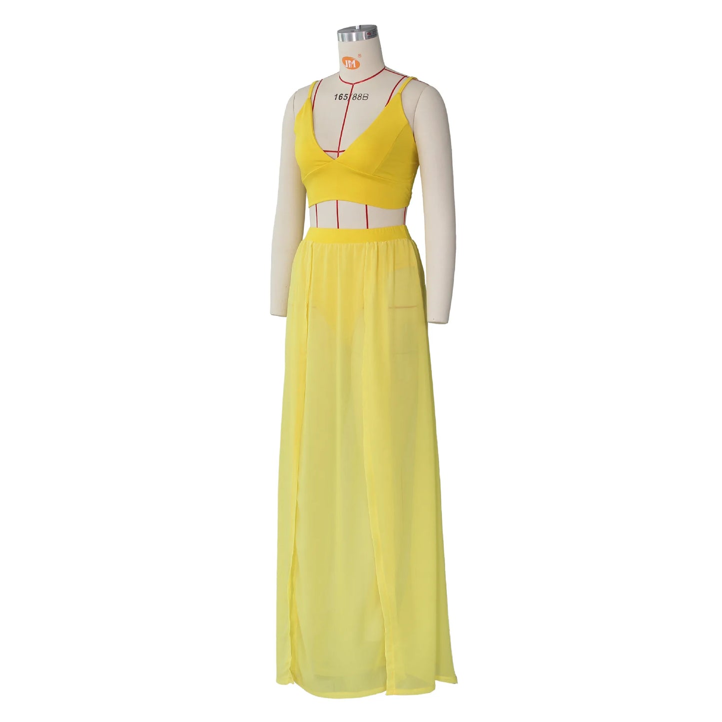 Women Sexy Yellow Solid Sleeveless V-Neck Holiday Two-Piece Suit Set Spaghetti Strap Crop Top & Maxi Slit Skirt Sets