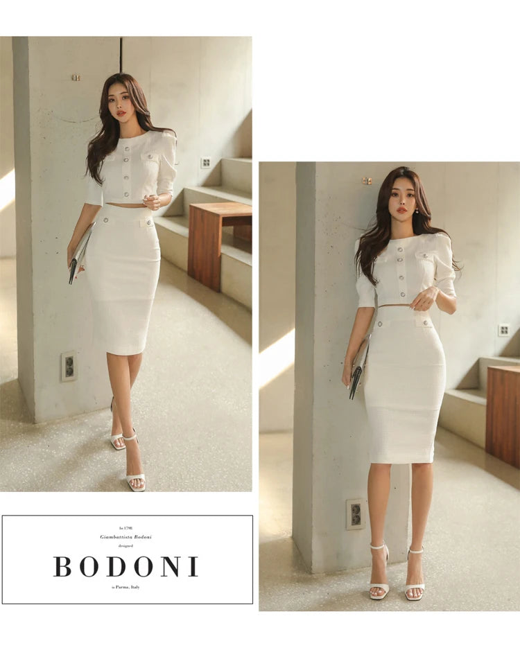 H Han Queen Hot Sale Spring White 2 Pieces Set Women Short Tops + High Waist Pencil Skirts Casual Simple Office Lady Skirt Suit