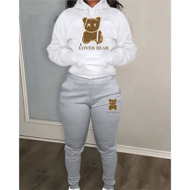 2 Piece Set Women Outfit Letter Bear Print Hooded Neck Hoodies Sweatshirt Pants Tracksuit 2024 Plus Size Streetwear Casual Suit
