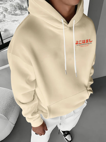 Men's autumn and winter casual fashion loose Tokyo pattern printed long sleeved hooded sweatshirt warm pullover