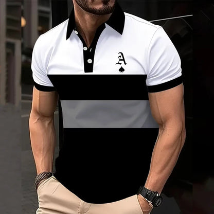 Classic Men's Polo Shirt With Striped Graphic Print Outdoor Casual Short Sleeve Button Top Male Oversized Clothing Golf Polo