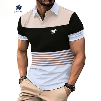 New Summer Striped Patchwork Striped Men's Polo T-shirt Fashion Lapel Button Sports Trend Street Wear Short Sleeve Top Men Shirt