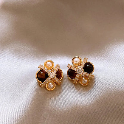 2025 New Design Natural Tiger Eye Stone Micro inlaid Zircon Geometric Earrings for Women's Trendy Jewelry Luxury Accessories