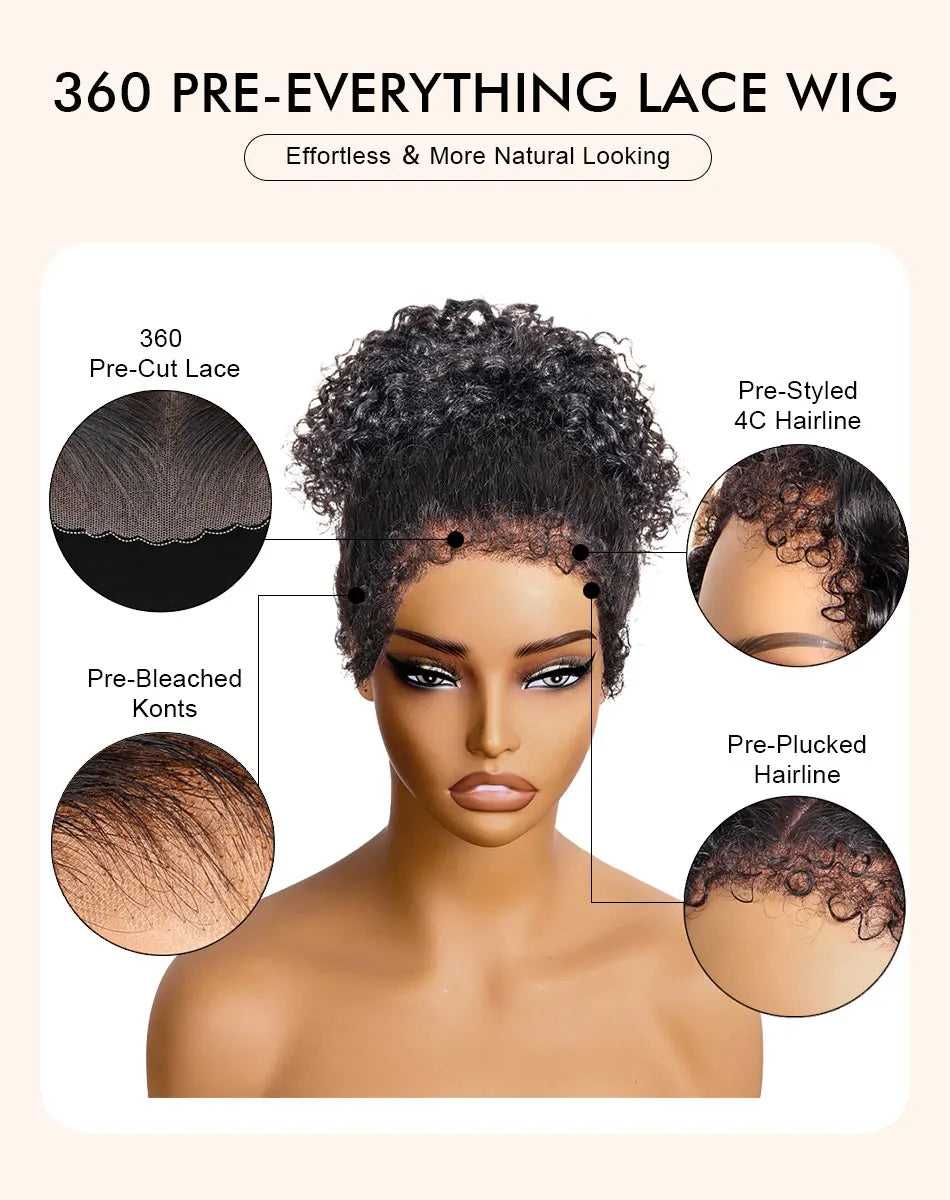 4C Kinky Edges Kinky Curly Invisi Strap 360 Glueless Wigs Human Hair 360 HD Lace Frontal Wig with Curly Baby Hair All Around