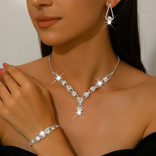 4PCS Fashion Elegant Crystal Jewelry Sets for Women Rhinestones Necklace Ring Earrings Bridal Wedding Party Jewelry Sets