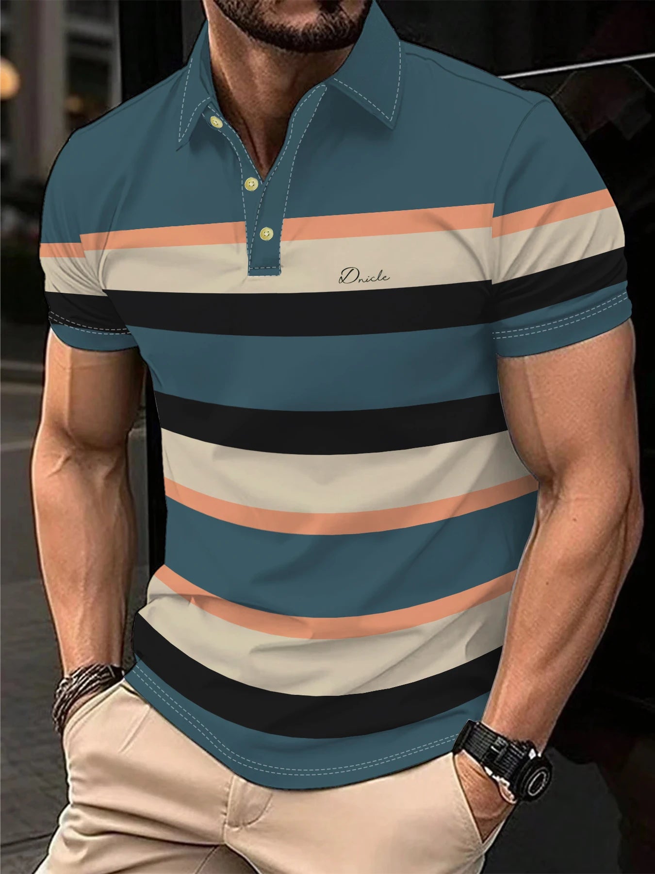 Men's Polo Shirt Summer Outdoor Casual Round Neck Short Sleeve Top Striped Printed Style OverSize T-shirt Loose Men's Clothing