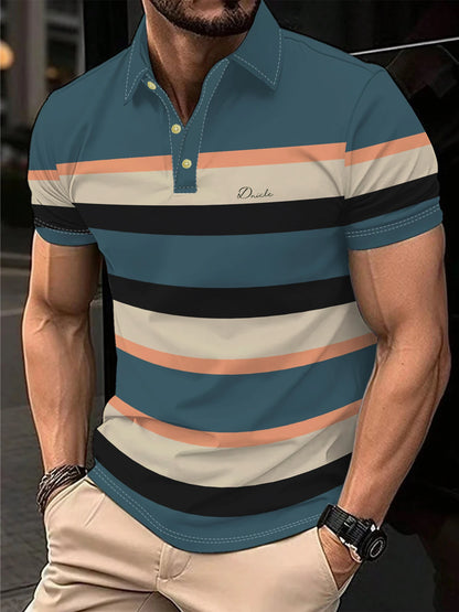 Men's Polo Shirt Summer Outdoor Casual Round Neck Short Sleeve Top Striped Printed Style OverSize T-shirt Loose Men's Clothing