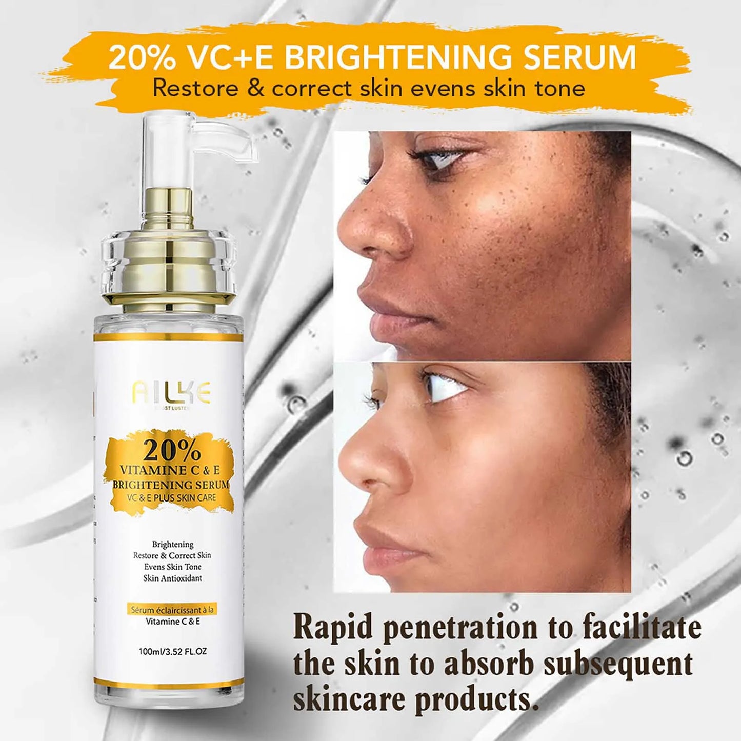 AILKE Vitamin C Whitening Serum, Remove Dark Spots, Moisturizing, Anti-Aging & Wrinkle, Beauty Skin Care Cosmetics