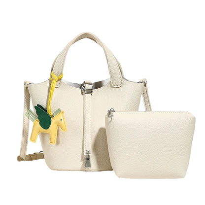 Popular and popular lychee patterned mother and child bucket bag for women, 2025 new casual retro handbag, casual commuting bag