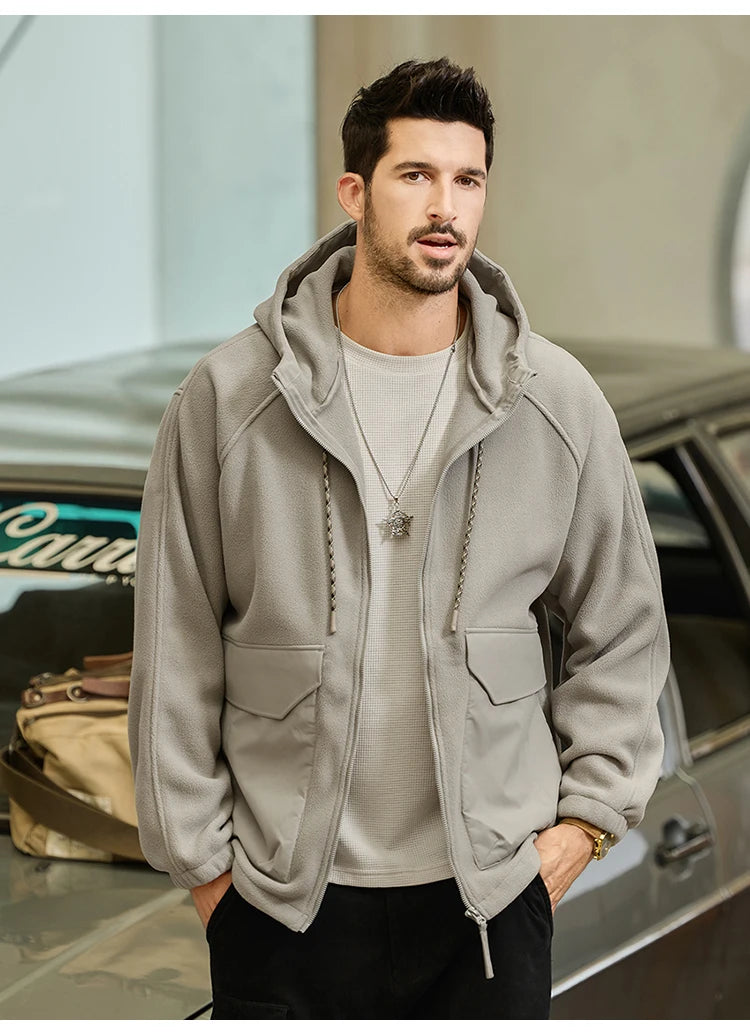 Autumn Velvet Hooded Jacket Men Outdoor Sport Techwear Loose Casual Plus Size Hoodie Cargo Jacket Outerwear Coat