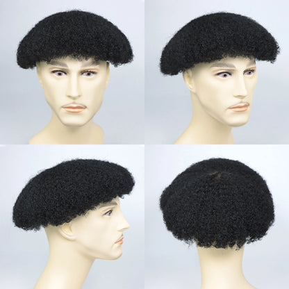 Men’s Toupee 6 Inch Human Hair Afro Curly Wig Full Lace Base 4mm Curls Natural Black 130% Density Breathable Replacement System