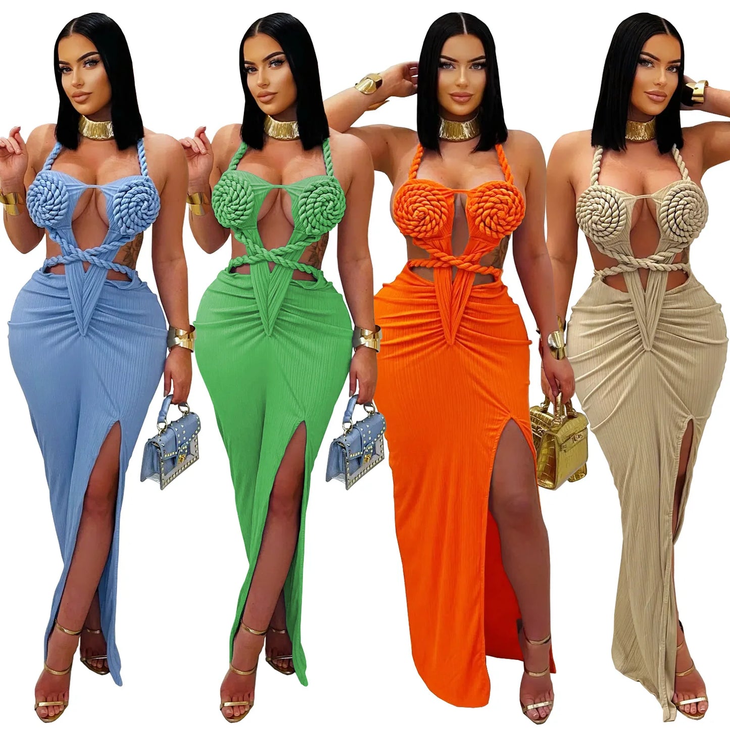 Women's Hollow Out Sleeveless Sexy Knitted Halter Neck Backless Solid Color Dress for Summer 2025