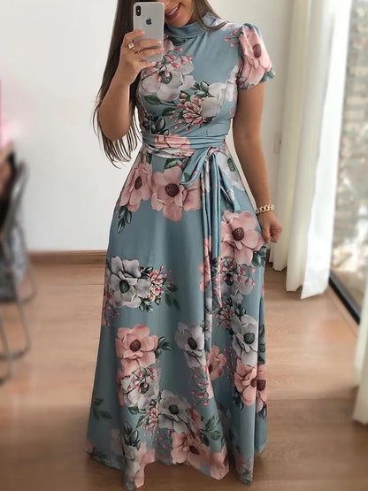 Women's Slim Dresses Casual Long Sleeve Round Neck Flower Printed Dress Strap Floor-Length Long Skirt Women's Clothing