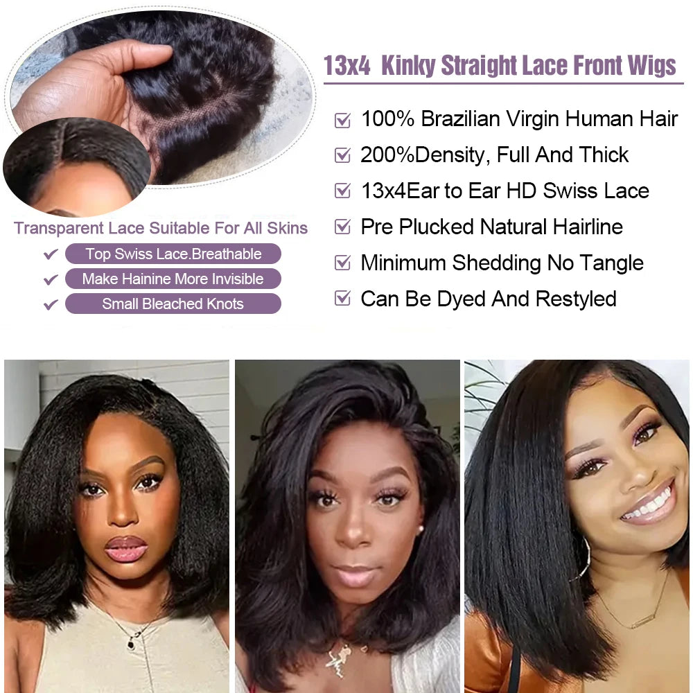 Kinky Straight Bob Wig Glueless 100% Human Raw Hair Tissage Wig HD Transparent Lace Closure Yaki Short Wig Perruques Vietnamese