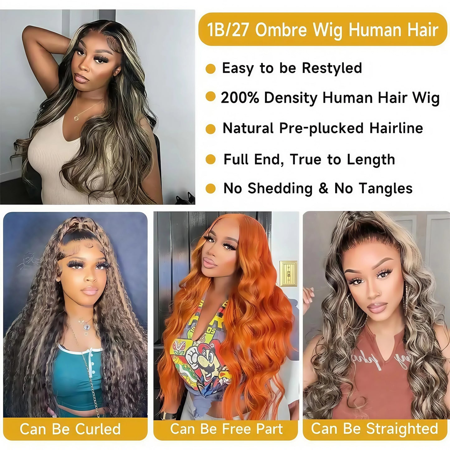 1b27 Black With Gold Highlight Wigs Body Wave Human Hair Wig 13x4 Hd Lace Front Wigs 200Density Colored Human Hair Wig brazilian