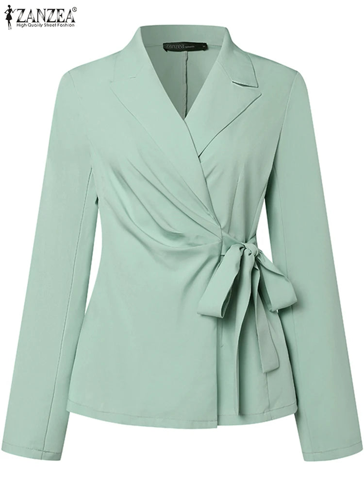 ZANZEA Elegant Office Lady Blazer Suits Women Classy Tied Waist Top and Pant 2pcs Outfit Streetwear Trend Commute Pant Sets 2025