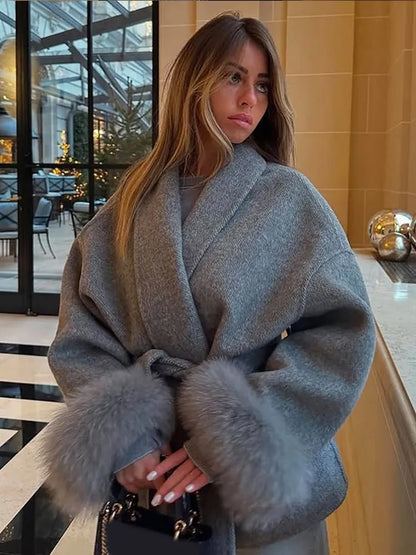 Elegant Lace Up Woolen Short Coat Solid Loose Lapel Furry Belt Long Sleeve Jacket Female 2025 Autumn Winter Lady Chic Cardigan