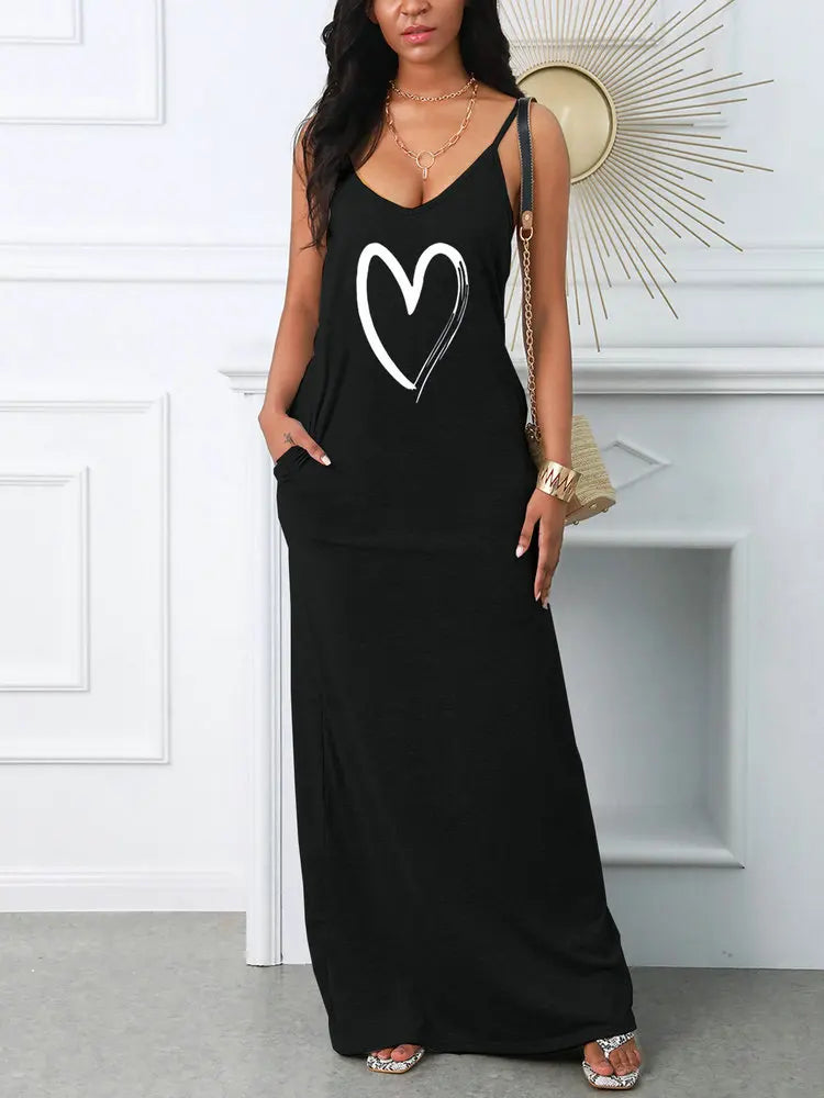 Women's Summer Sexy Suspender Printed Dress Pocket T-shirt Style Mini Dresses Summer Casual Loose Dress Vestidos