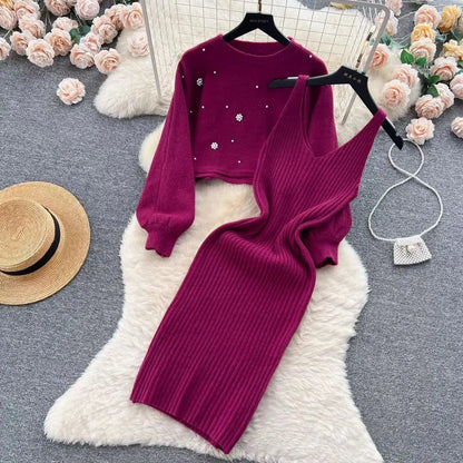 Autumn Winter Slimming Knitted Sweater Dress Set Women's Mid-Length Base Layer Knee-Over Bottoming Dresses Fashionable