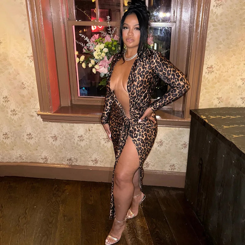 Woman Clothes Deep V-neck High Slit Long Dress Sexy Chic Hollow Out Leopard Printed Party Dresses Female Slim Night Club Outfit