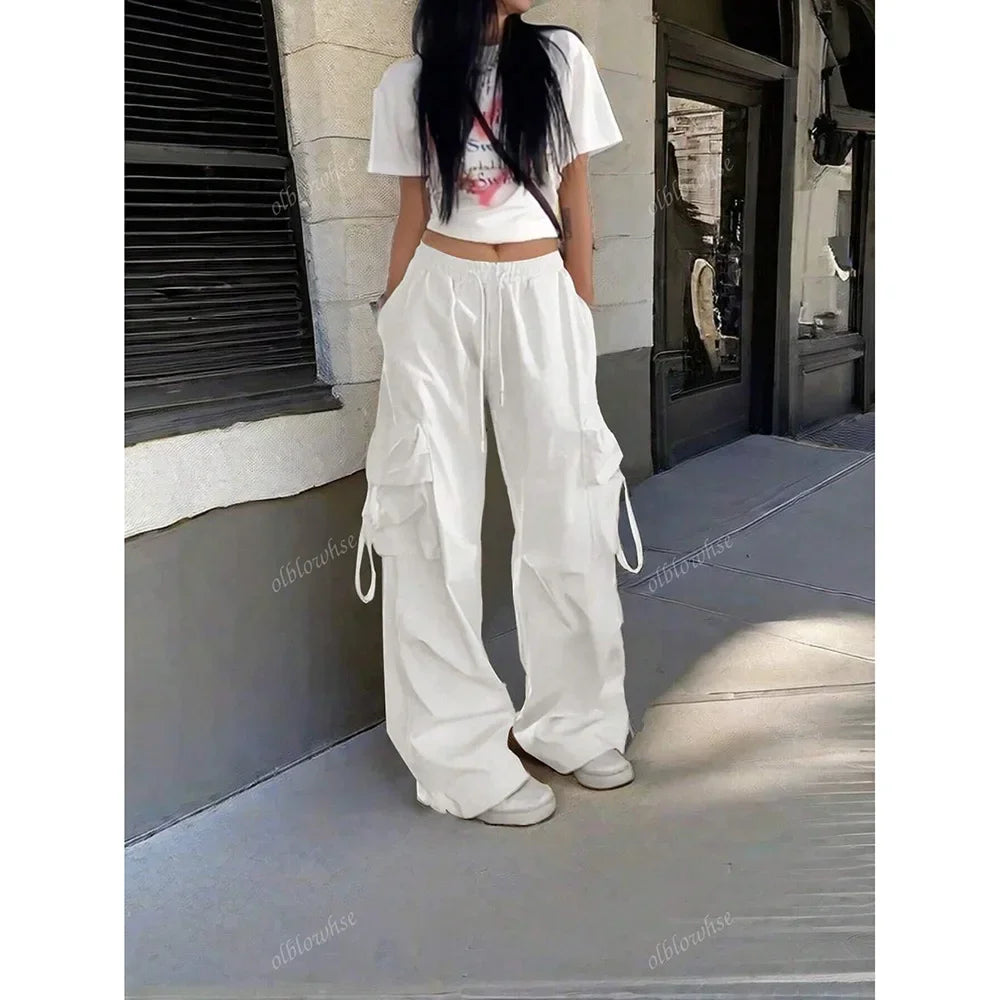 Loose Wide Leg Casual Pants Women's Workwear Trousers with Big Pockets Vintage Long Pants High Street Trend New 2025
