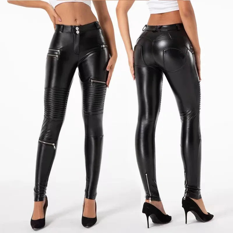 Women Punk Faux Leather Moto Pants High Waist Bodycon Stretchy Slim PU Trousers Streetwear Hip Pop Zip Pants Clubwear Custom