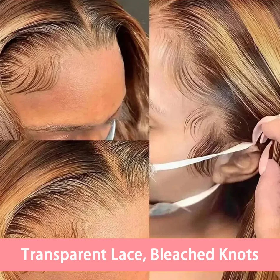 Short Body Wave Bob Wig Highlight Brown 13x4 Transparent Lace Frontal Wigs Mix Ombre Blonde 4/27 Color Brazilian 100% Human Hair