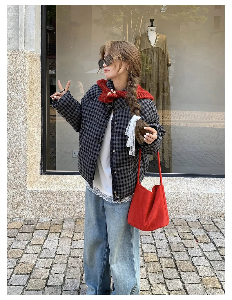 MEXZT Short Plaid Parkas Women Streetwear Stand Collar Puffer Jacket Winter Korean Down Coats Fashion Cotton Padded Outerwears