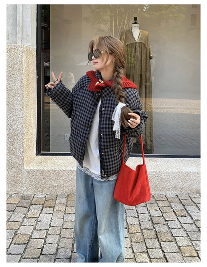 MEXZT Short Plaid Parkas Women Streetwear Stand Collar Puffer Jacket Winter Korean Down Coats Fashion Cotton Padded Outerwears