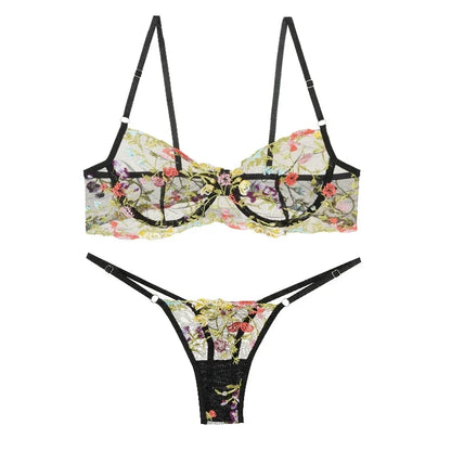 Floral Embroidery Lace Bras Set Women Sheer 2-Piece Sexy Bra + Panties Lingerie Fashion Underwear Set Intimates