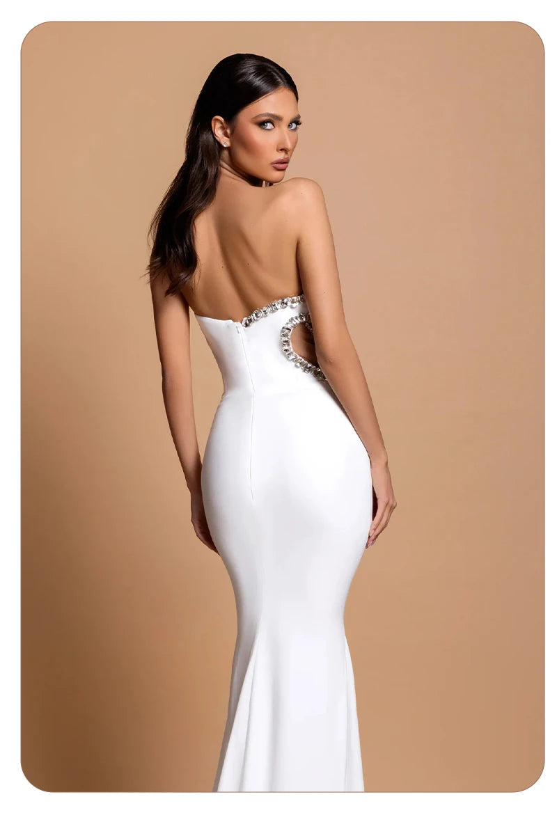 Women Mermaid Sexy White Sleeveless Bandage Long Dress Mesh Backless Strapless Diamonds Bodycon Party Evening Wedding Gowns
