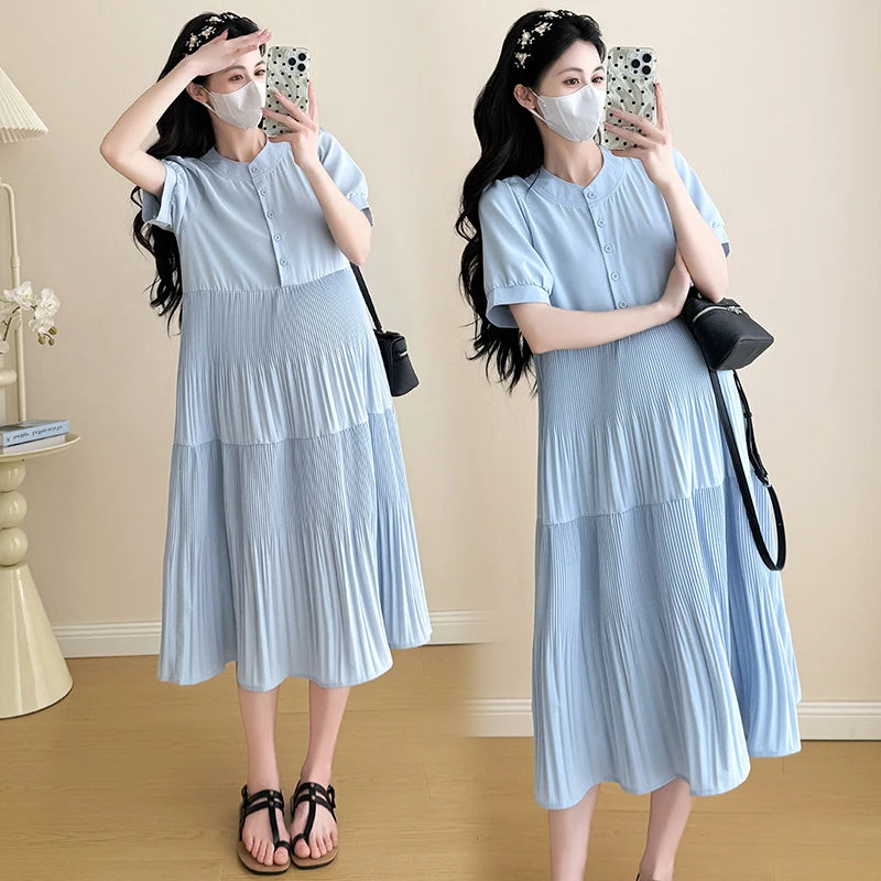 I79359# Pregnant Womens Clothing Cakedress Simple Loose Elegant Summer New Arrival Women Pregnant Mid-Long Maternity Dresses