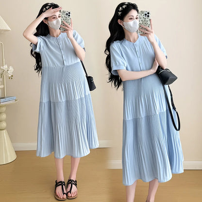 I79359# Pregnant Womens Clothing Cakedress Simple Loose Elegant Summer New Arrival Women Pregnant Mid-Long Maternity Dresses