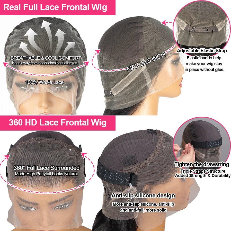 Straight 250 Density Real Full Lace Human Hair Wig Brazilian Pre Plucked 360 HD Full Lace Invisible Strap Snug Fit Wig For Women