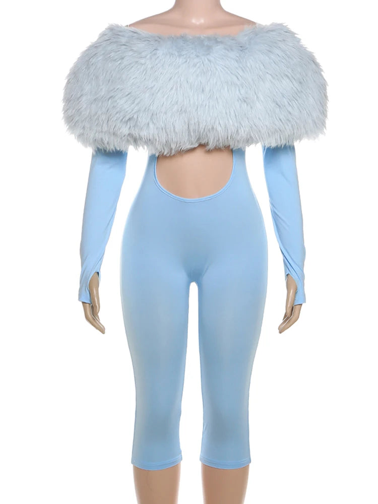 Sisterlinda Furry Patchwork Jumpsuit Woman Slash Neck Sexy Hollow Full Sleeve Backless Peach Hip Hottie Street Fashion Overalls