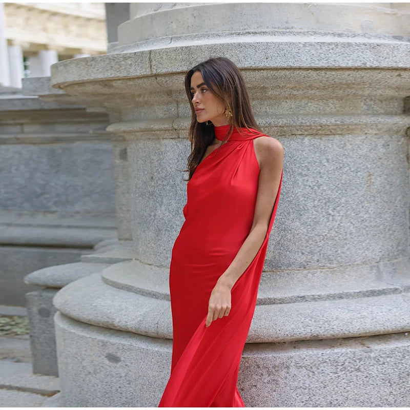 Elegant Ribbon Halter Dress Women Solid Off Shoulder Sleeveless Backless Slim Maxi Dresses 2026 Summer Autumn Party Robes Lady