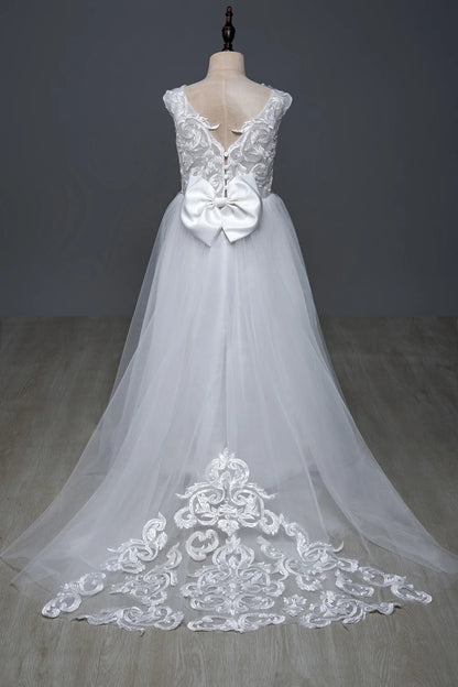 White Bridesmaid Dresses For Girls Princesss Flower Girl Dress Big Bow Lace First Communion Gown Kids Wedding Party | STEPHANIE