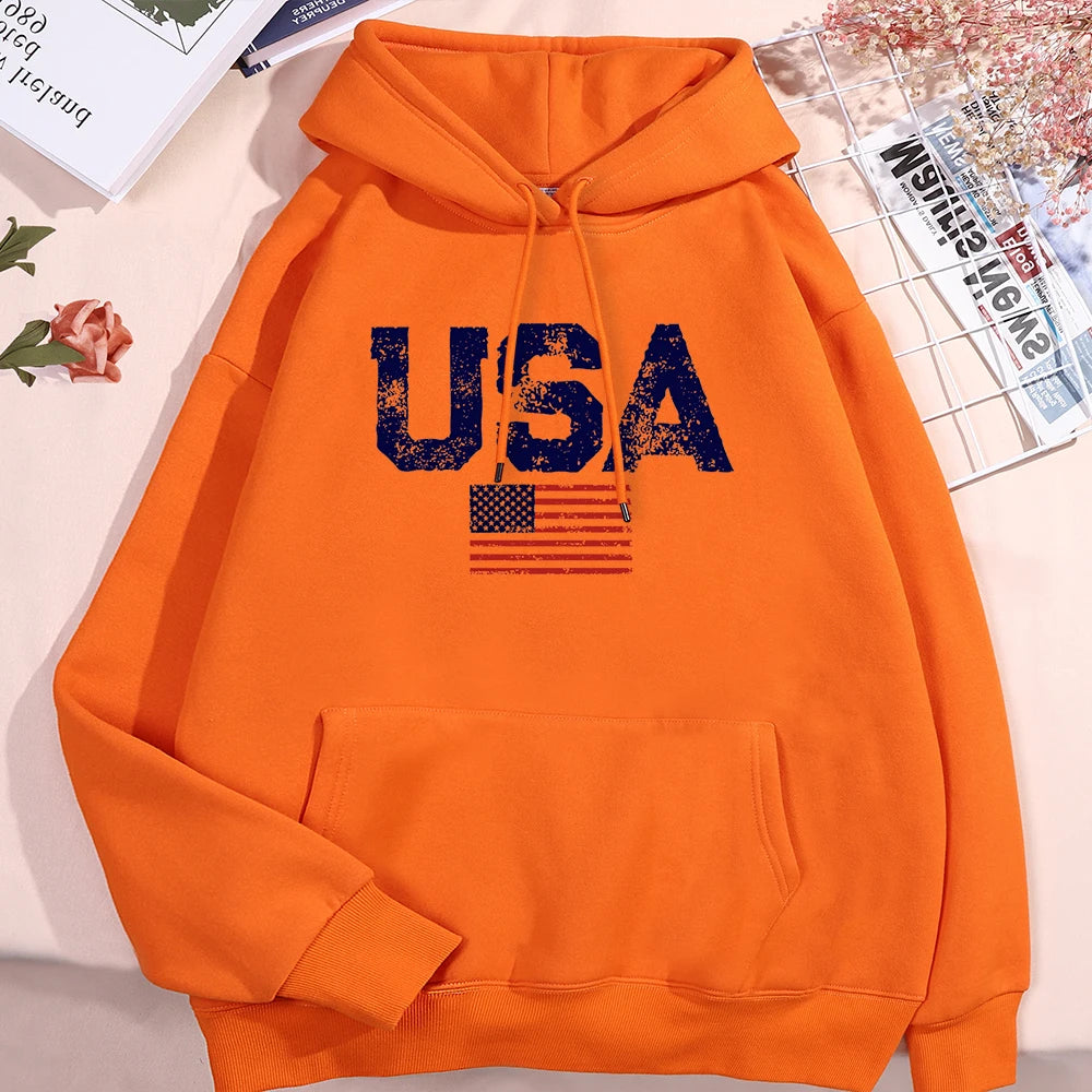 Usa Letters American Flag Stars And Stripes Hoodie Men Women Fleece Hoody Fleece Oversize Sweatshirt Autumn Pocket Clothes