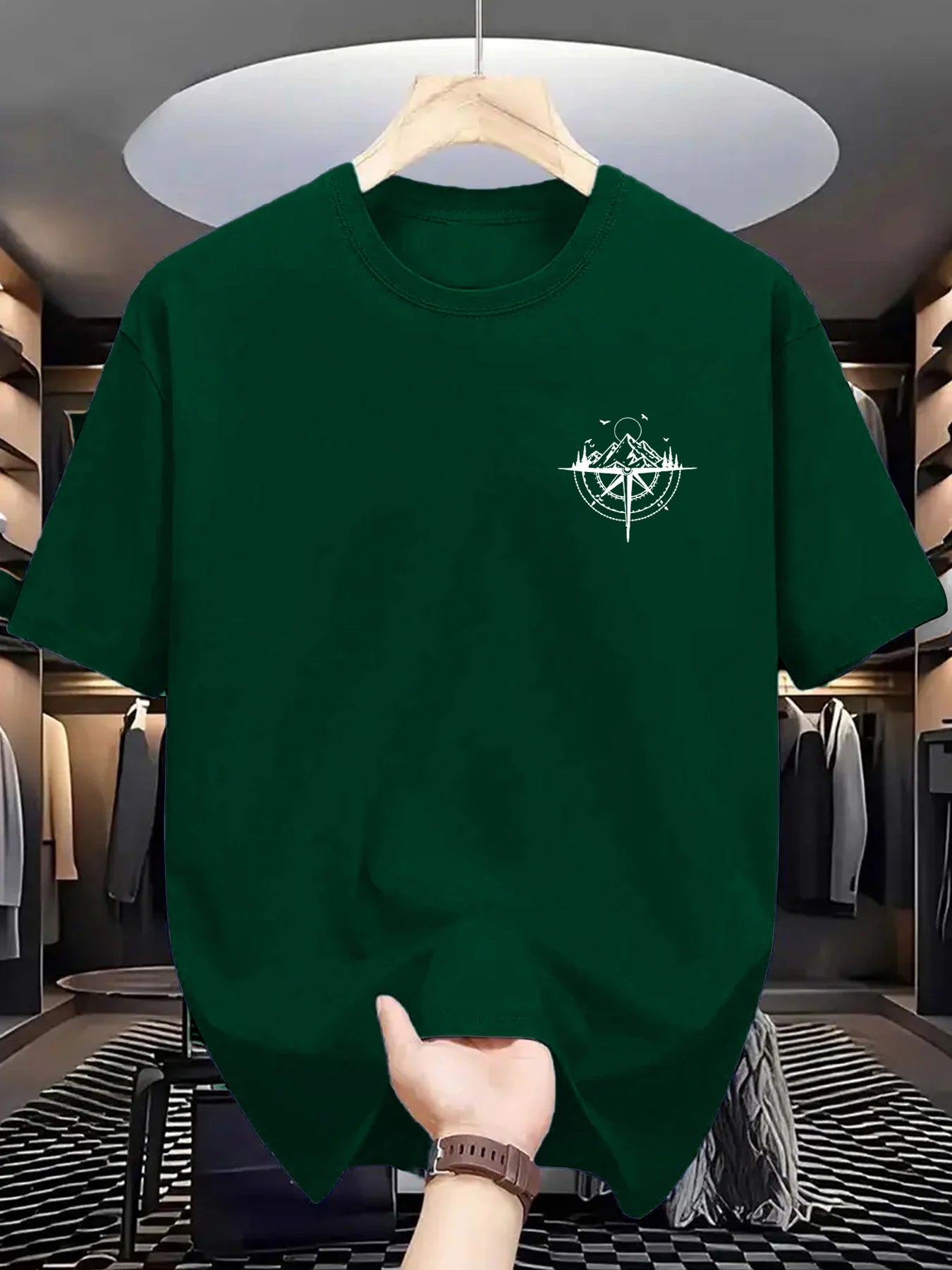 Summer Men's 100% Cotton Mountain Compass Graphic Printed Casual Loose Sports Comfortable Round Neck Short Sleeve T-shirt Top