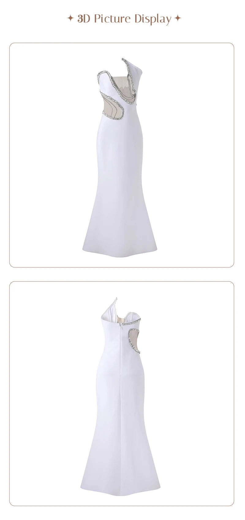 Women Mermaid Sexy White Sleeveless Bandage Long Dress Mesh Backless Strapless Diamonds Bodycon Party Evening Wedding Gowns