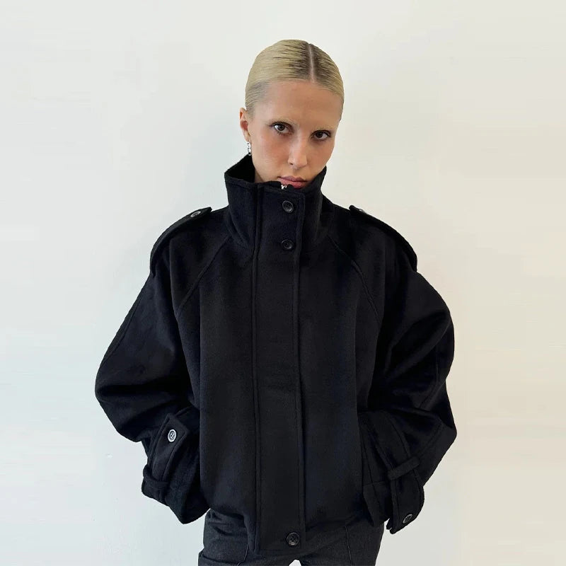 Casual Solid Loose Jackets Women Fashion Full Sleeve Single Breasted Stand Collar Short Coats Female 2025 Autumn Lady Outwears