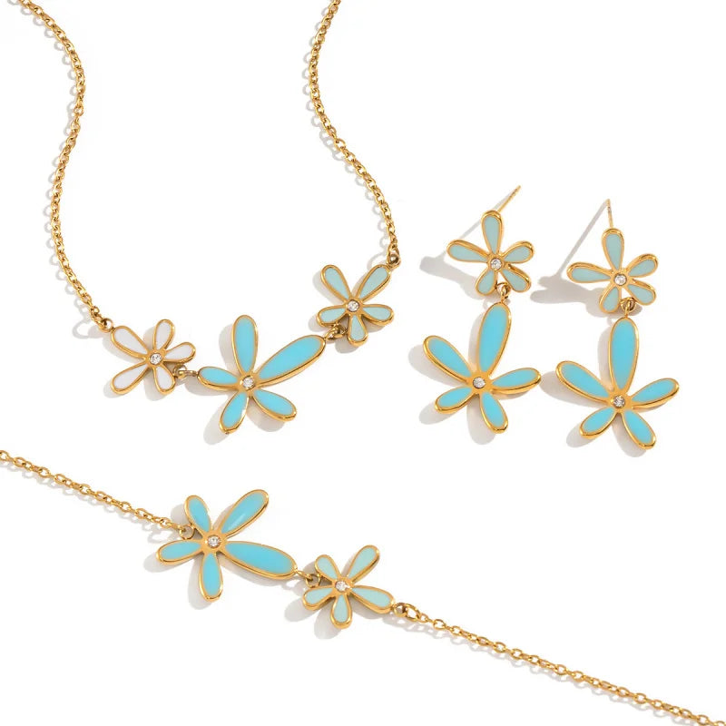 Cute Dopamine White Blue Oil Drop Diamond Flower Necklace 18K Gold-plated Stainless Steel Jewelry Set for Women Wholesale