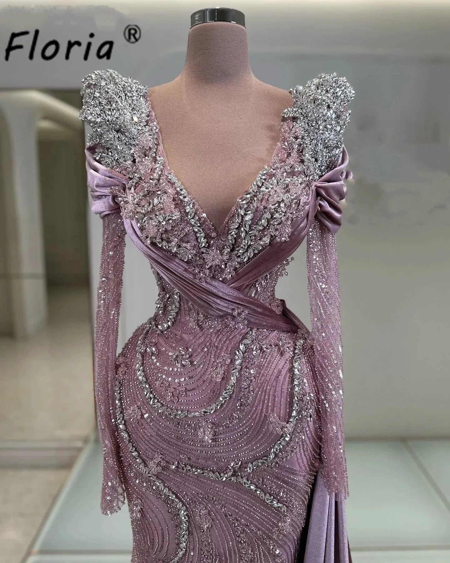 Modest Pink Evening Wedding Dresses Arabia Beaded Crystal Mermaid Prom Gowns Customized Formal Dress Elegant Gala Robe Soiree