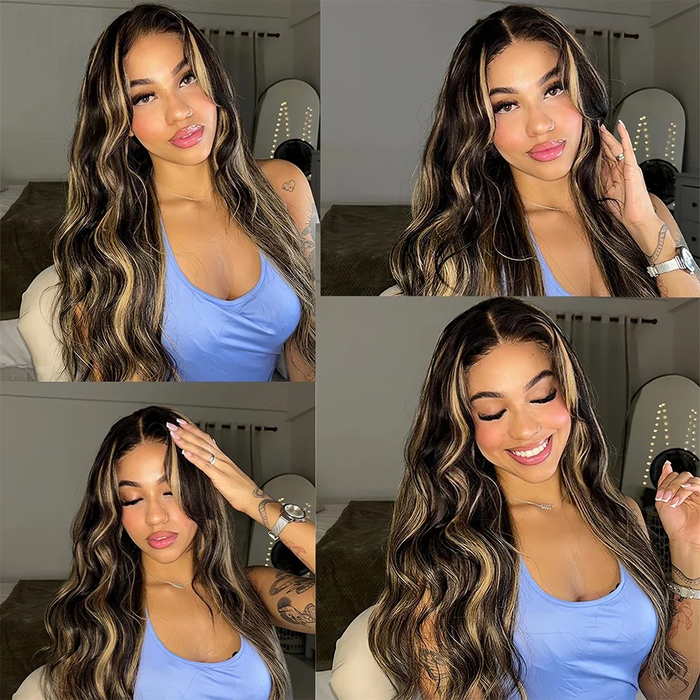 1b27 Black With Gold Highlight Wigs Body Wave Human Hair Wig 13x4 Hd Lace Front Wigs 200Density Colored Human Hair Wig brazilian