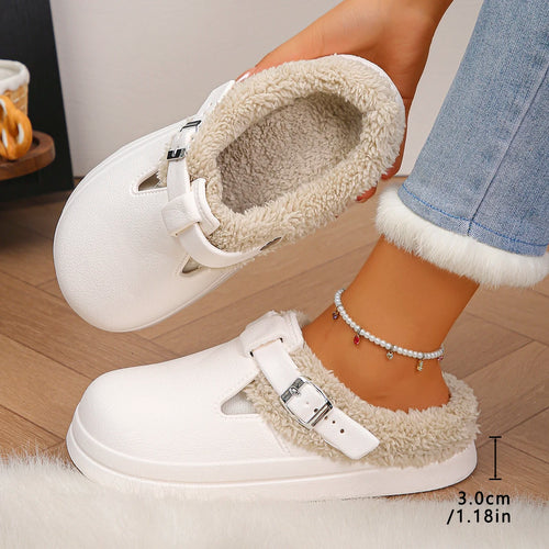 Waterproof Eva Furry Mules Slippers Women 2025 Winter Metal Buckle Warm Plush Slippers Soft Thick Bottom Non Slip Indoor Slides