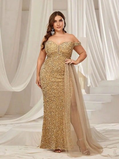 Plus Size Off Shoulder Contrast Mesh Draped Sequin Formal Dress