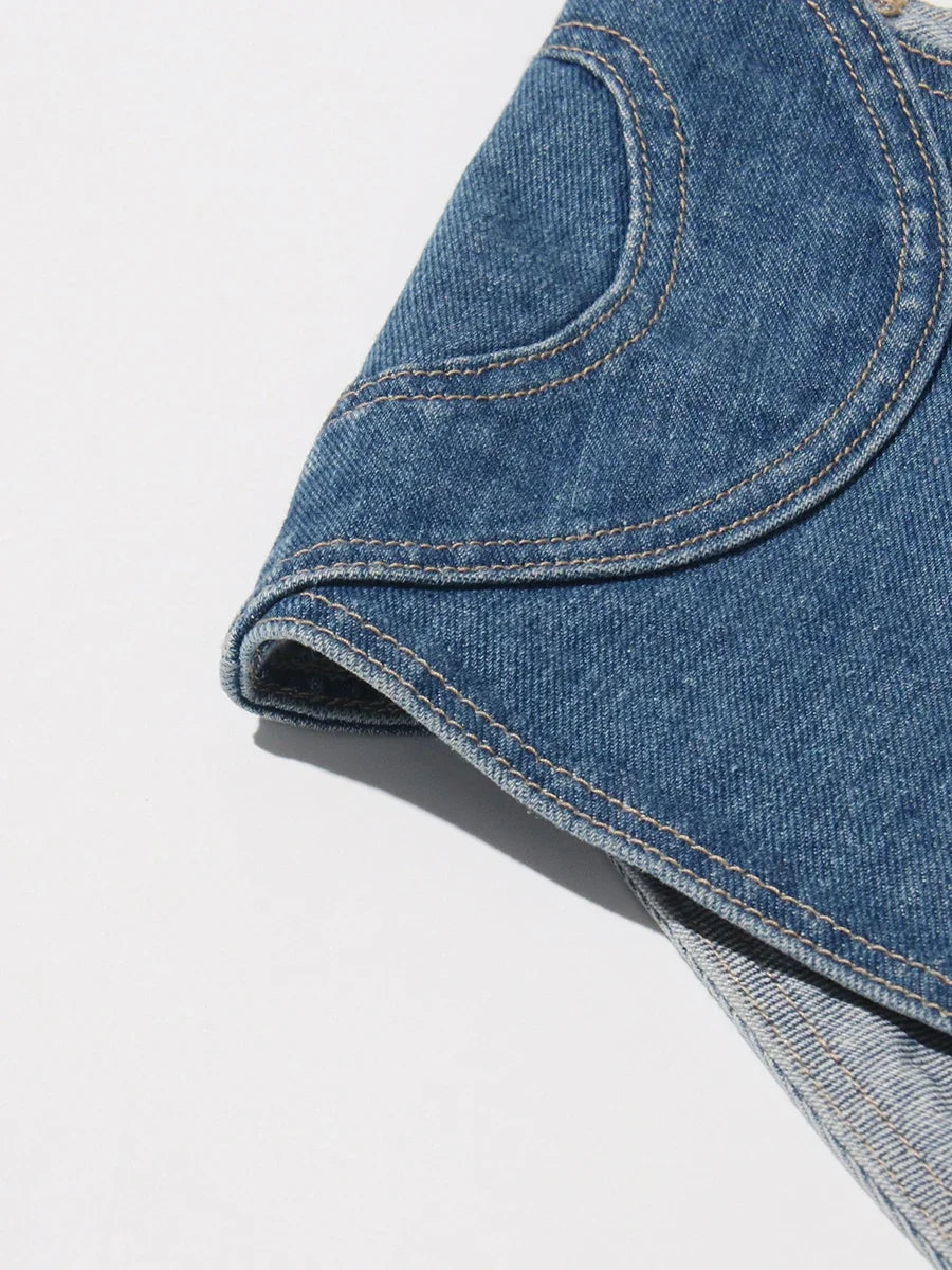 TWOTWINSTYLE Soild Two Piece Sets for Women Straplelss Sleeveless Vest High Wiast Patchwork Hollow Out Jeans Elegant Set Female